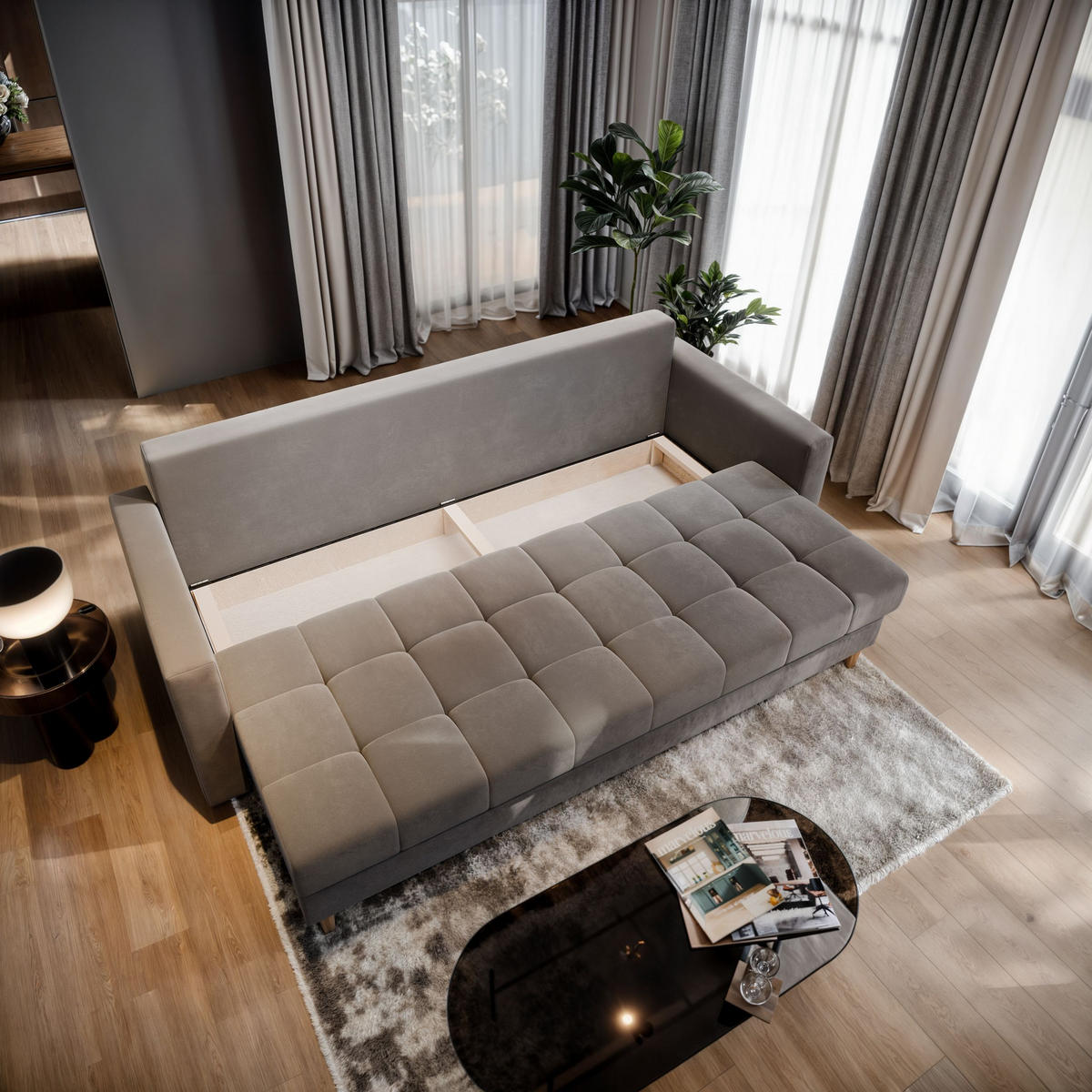 BETTSOFA MILO Schwarz Plüsch-Stoff mit Schlaffunktion - Schwarz, Textil (220/93/87cm) - MASSENO
