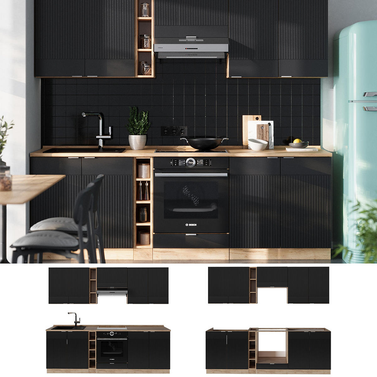 KUCHYŇSKÁ LINKA Fame-Line, černé pruhy/dub Goldkraft, 235 cm, AP antracit - medově dubová/černá, kompozitní dřevo (235/81.6/60cm) - Vicco