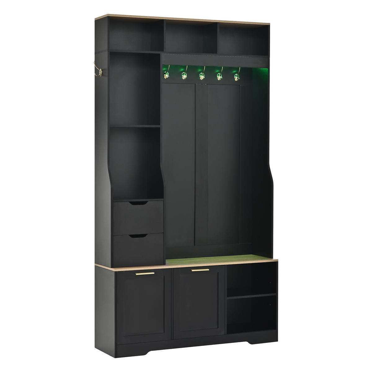 KOMPAKTGARDEROBE Schwarz Flurschrank mit Sitzbank, Schuhschrank & LED Licht - Schwarz, Holzwerkstoff (100/186/32cm) - Urban Meuble