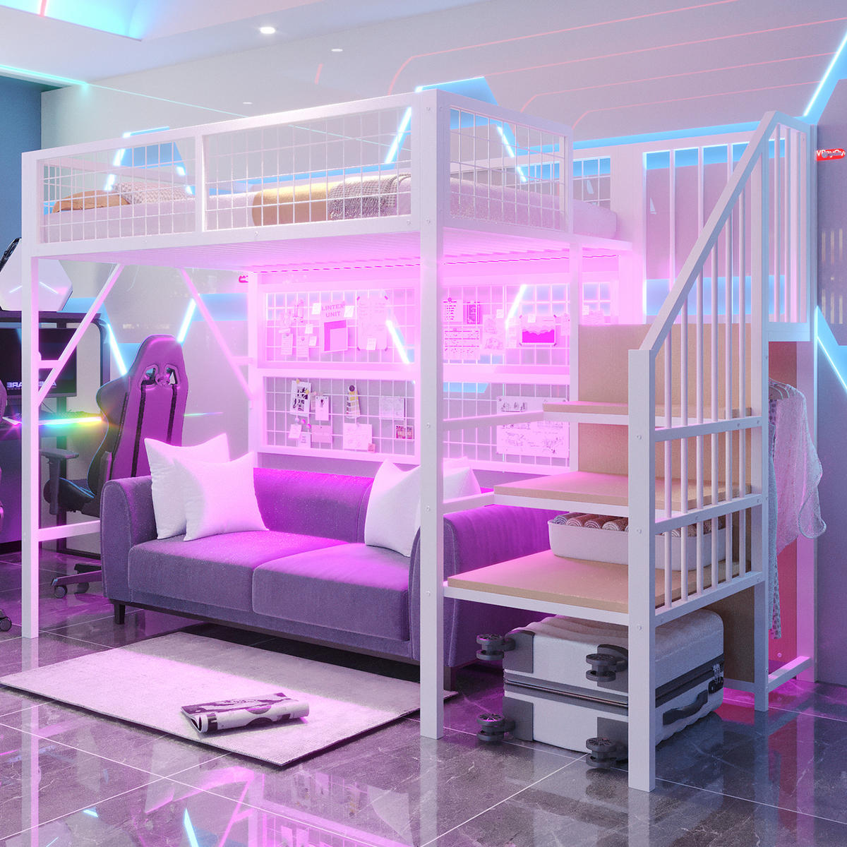 HOCHBETT 90/200 cm Weiß aus Metall mit Stauraumtreppe und LED-Beleuchtung - Weiß, Metall (90/200cm) - OKWISH