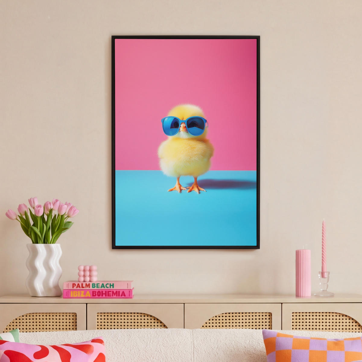 LEINWAND Bilder mit Rahmen - Chick - Sonnenbrille - Blau - 60x90 - Pink, Textil (60/90cm) - MuchoWow