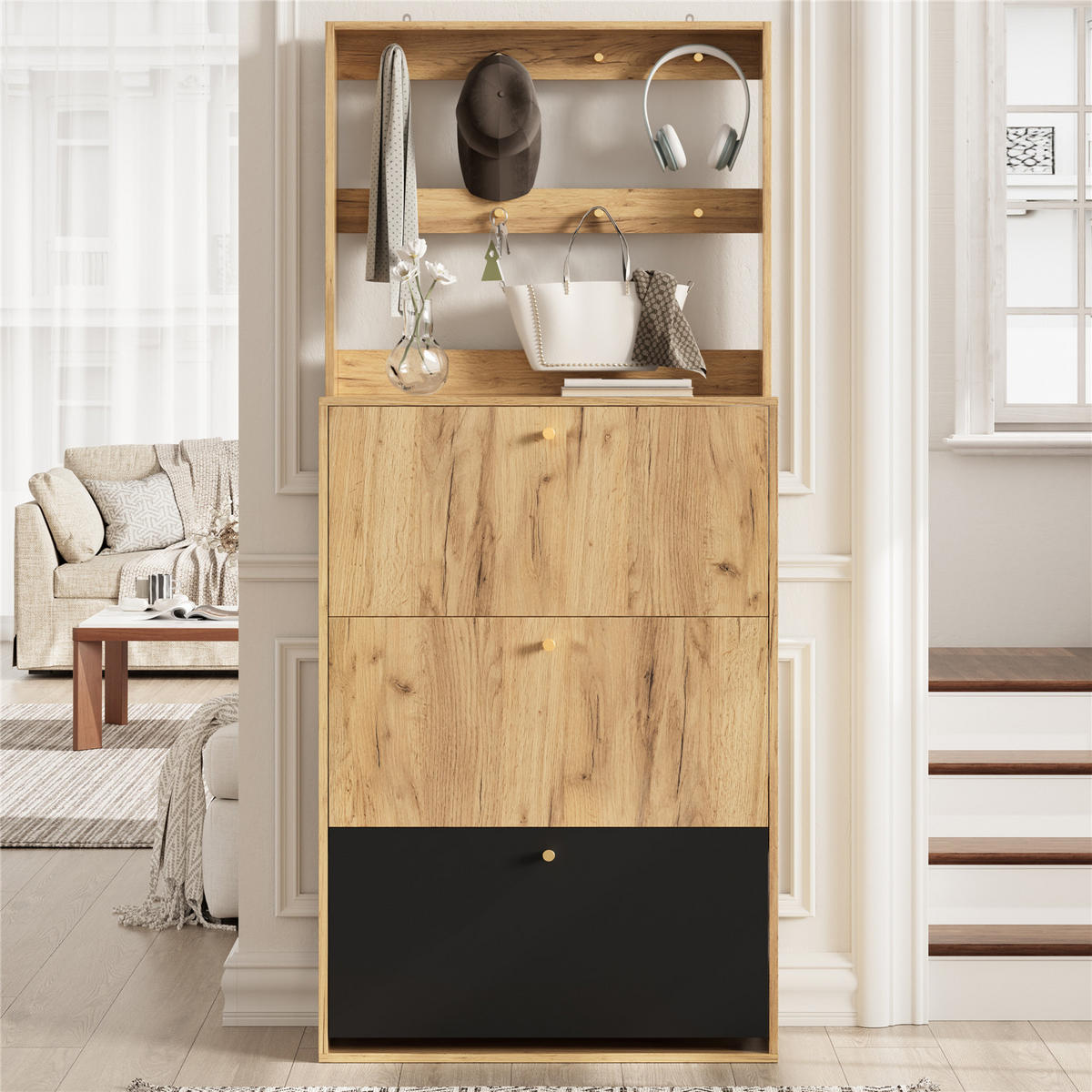 SCHUHSCHRANK mit 3 Klappen & Haken Natur/Schwarz - Naturfarben, Holz (75/180/24cm) - Kaket