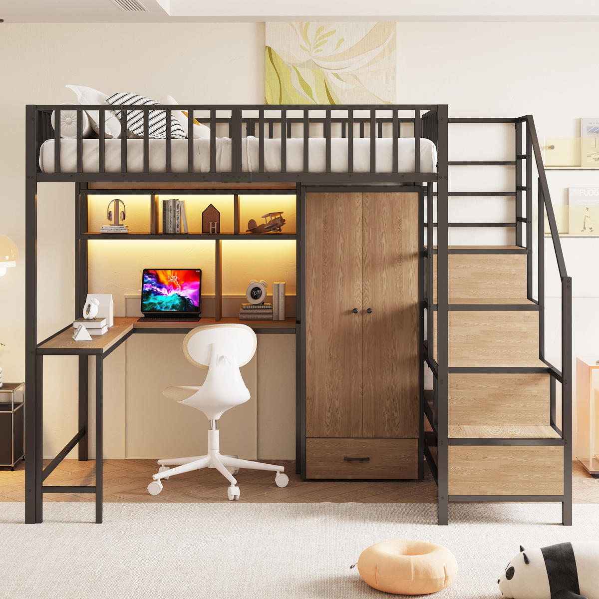 HOCHBETT 140/200 cm schwarz aus Metall mit Schreibtisch LED und Ladebuchsen - Schwarz, Metall (140/200cm) - OKWISH
