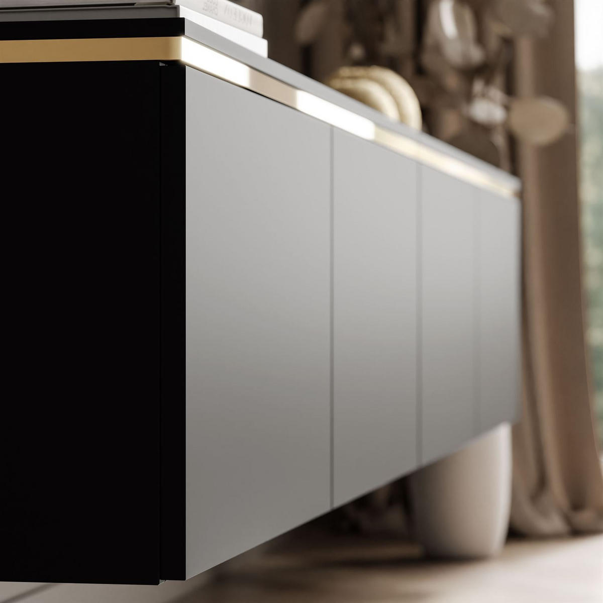 TV-RACK CELINE schwarz matt 200 cm (hängend) mit LED-Beleuchtung - Schwarz, Holzwerkstoff (200/35/40cm) - Lookway