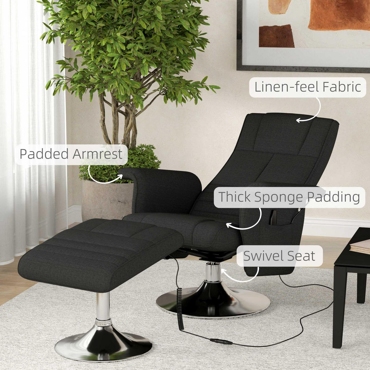 MASSAGESESSEL mit Fußhocker, elektrischer Relaxsessel mit Liegefunktion Schwarz - Schwarz, Textil/Metall (95/88/78cm) - HOMCOM