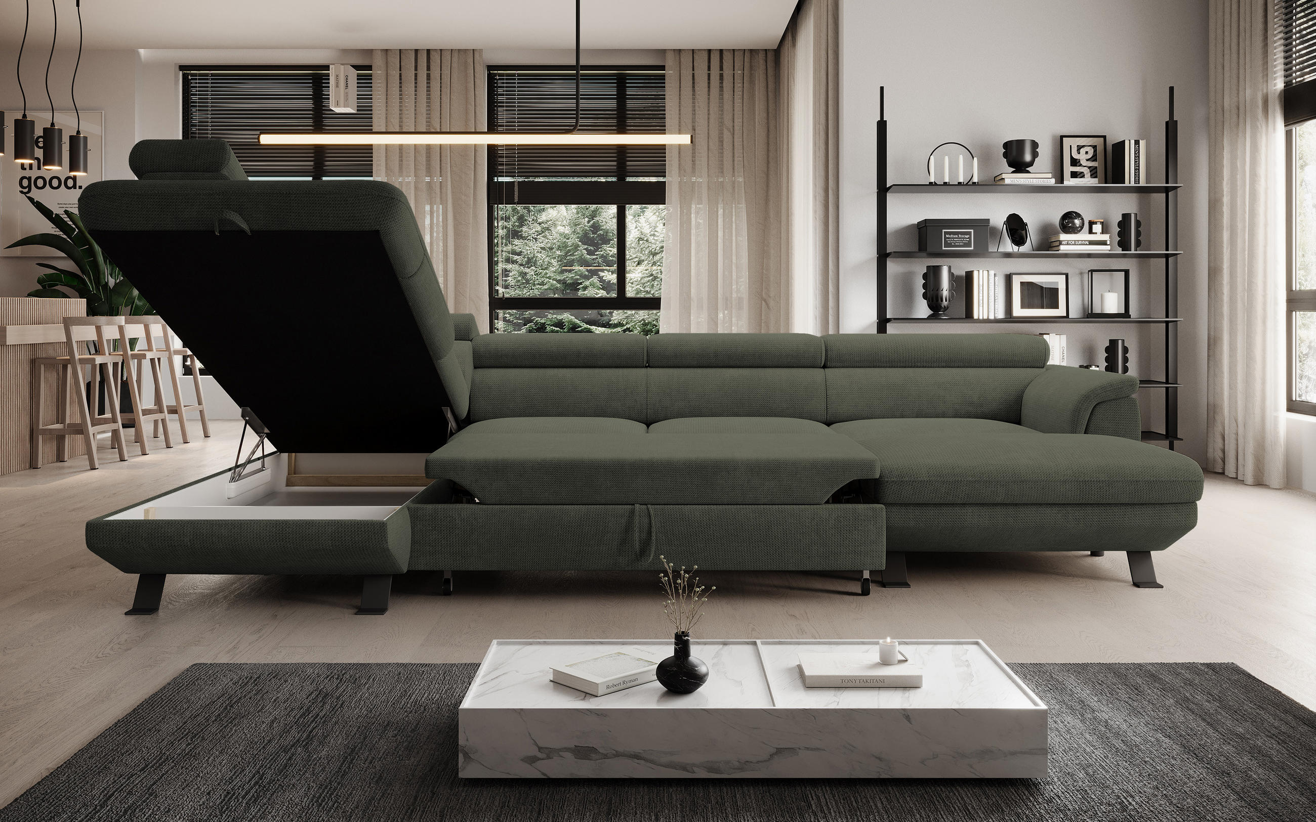 ECKSCHLAFSOFA Raven XL, Verstellbaren Kopfstützen, Bettkasten, Großes Sofa 334x198x162cm Linke, Taupe - Taupe, Holz/Textil (198/334cm) - DomoHome