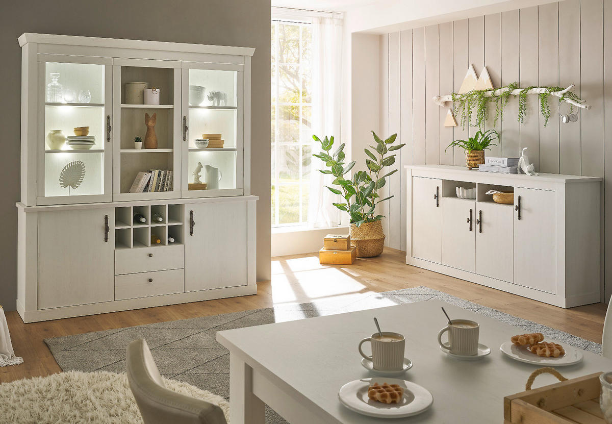 BUFFET weiß Pinie Landhaus, Buffetschrank mit Soft-Close und Beleuchtung - Weiß, Holzwerkstoff/Kunststoff (184/205/44cm) - Furn.Design