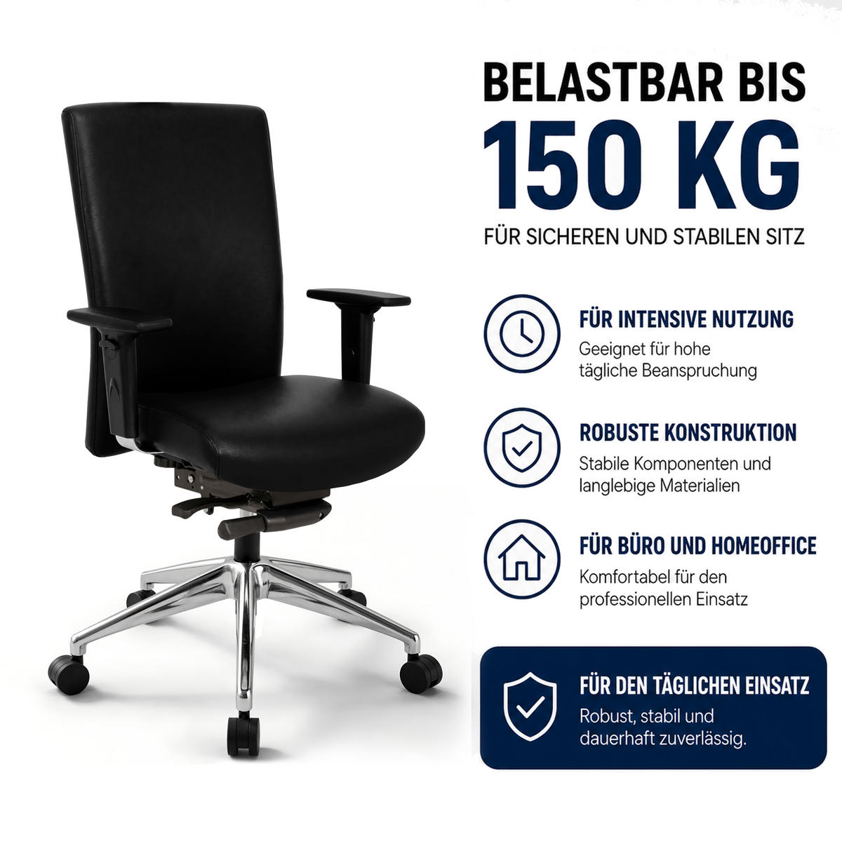 BÜROSTUHL Terox Echtleder Schwarz - ergonomisch, 150 kg belastbar, Sitzhöhe 54-66cm - Schwarz, Leder/Kunststoff (65/106/60cm) - Versee