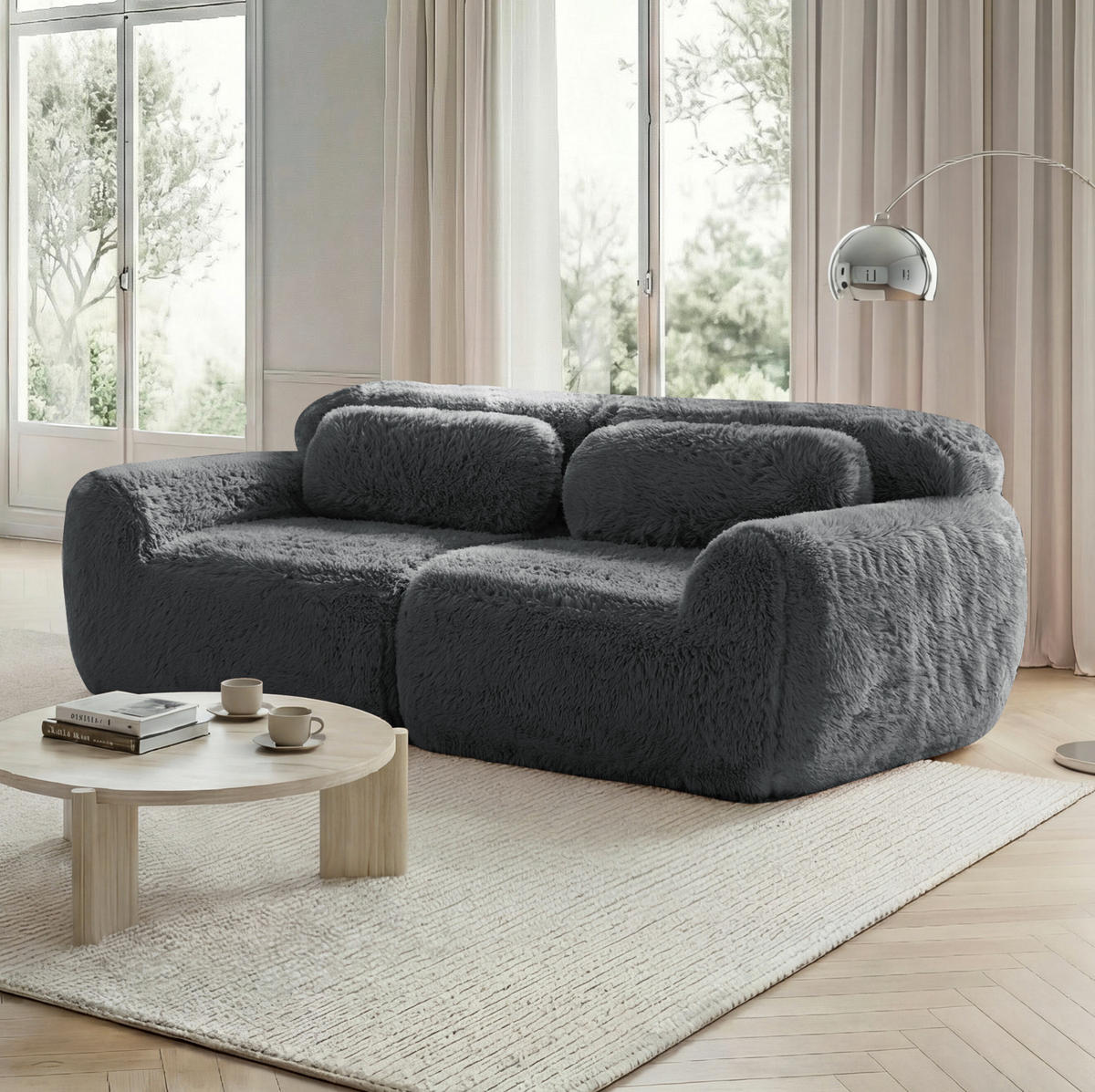 SOFA in Grau aus Plüsch, modular und rahmenlos mit Kissen - Grau, Textil (104/73/204cm) - Flora Grace