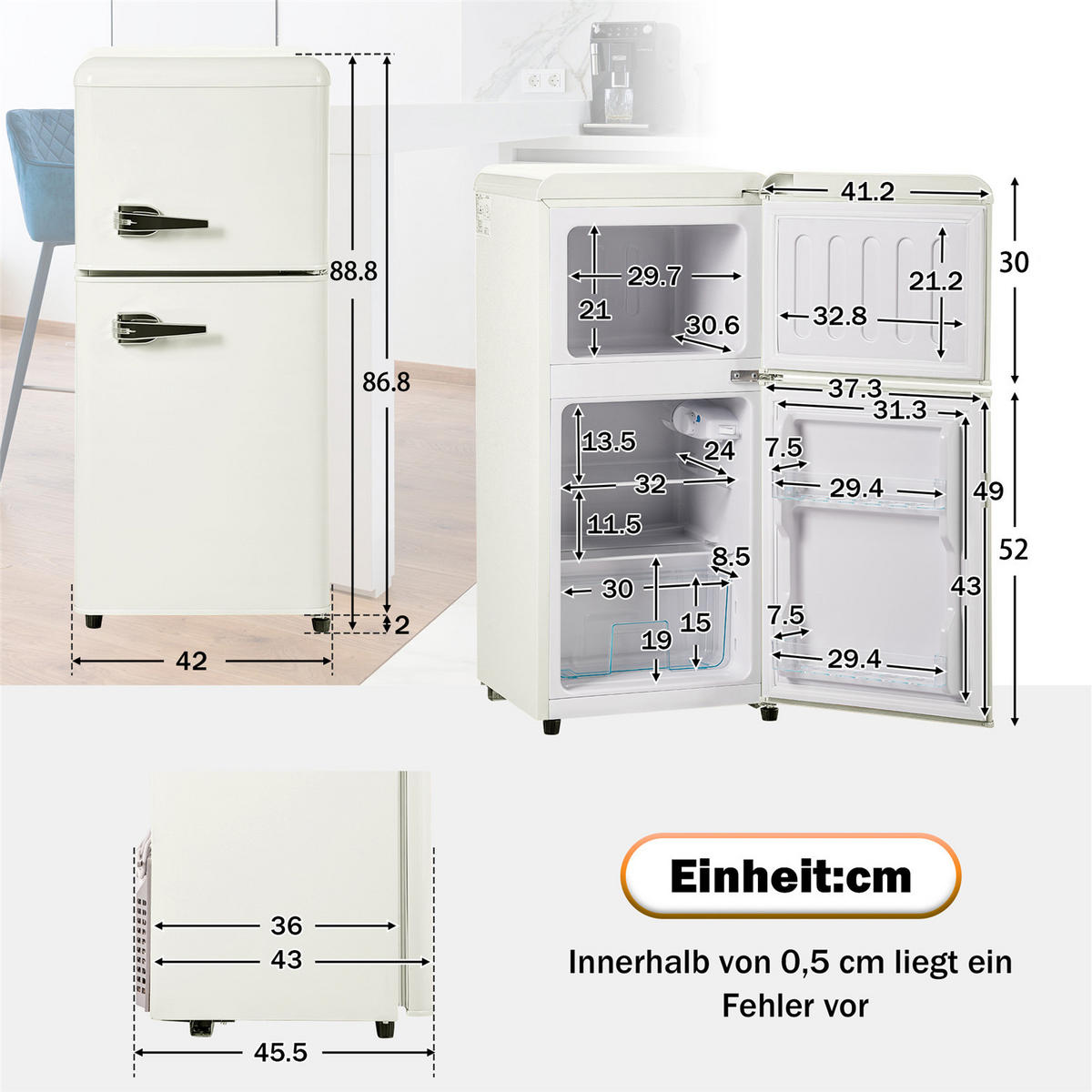 MINIKÜHLSCHRANK 60L Gefrierfach LED Cremeweiß - Beige, Metall (42/88.8/45.5cm) - Kaket