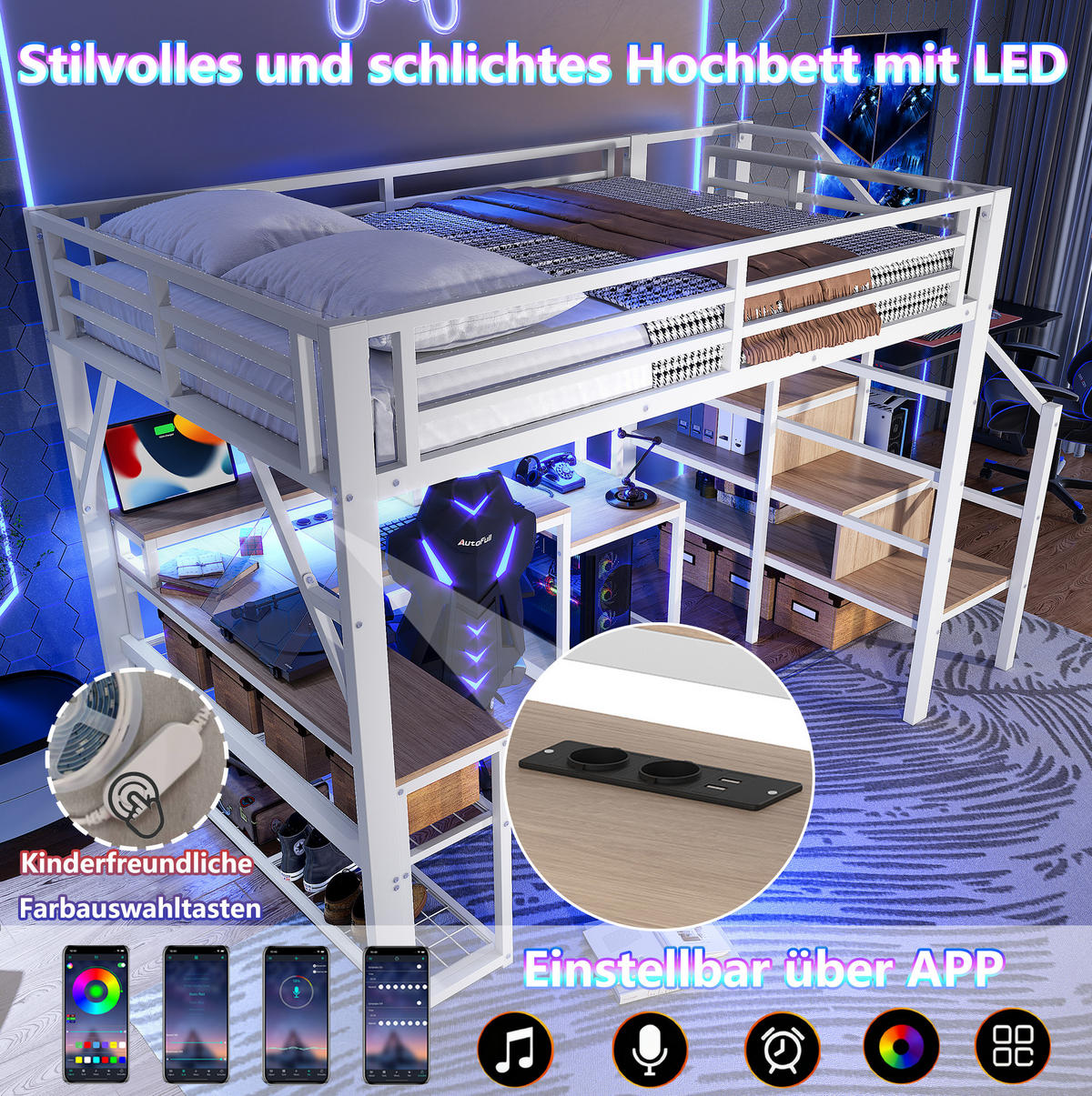 HOCHBETT 140/200 cm mit Schreibtisch, LED-Beleuchtung, USB-Anschluss und Stauraum, Metall/MDF, Weiß - Weiß, Metall (140/200cm) - Redom