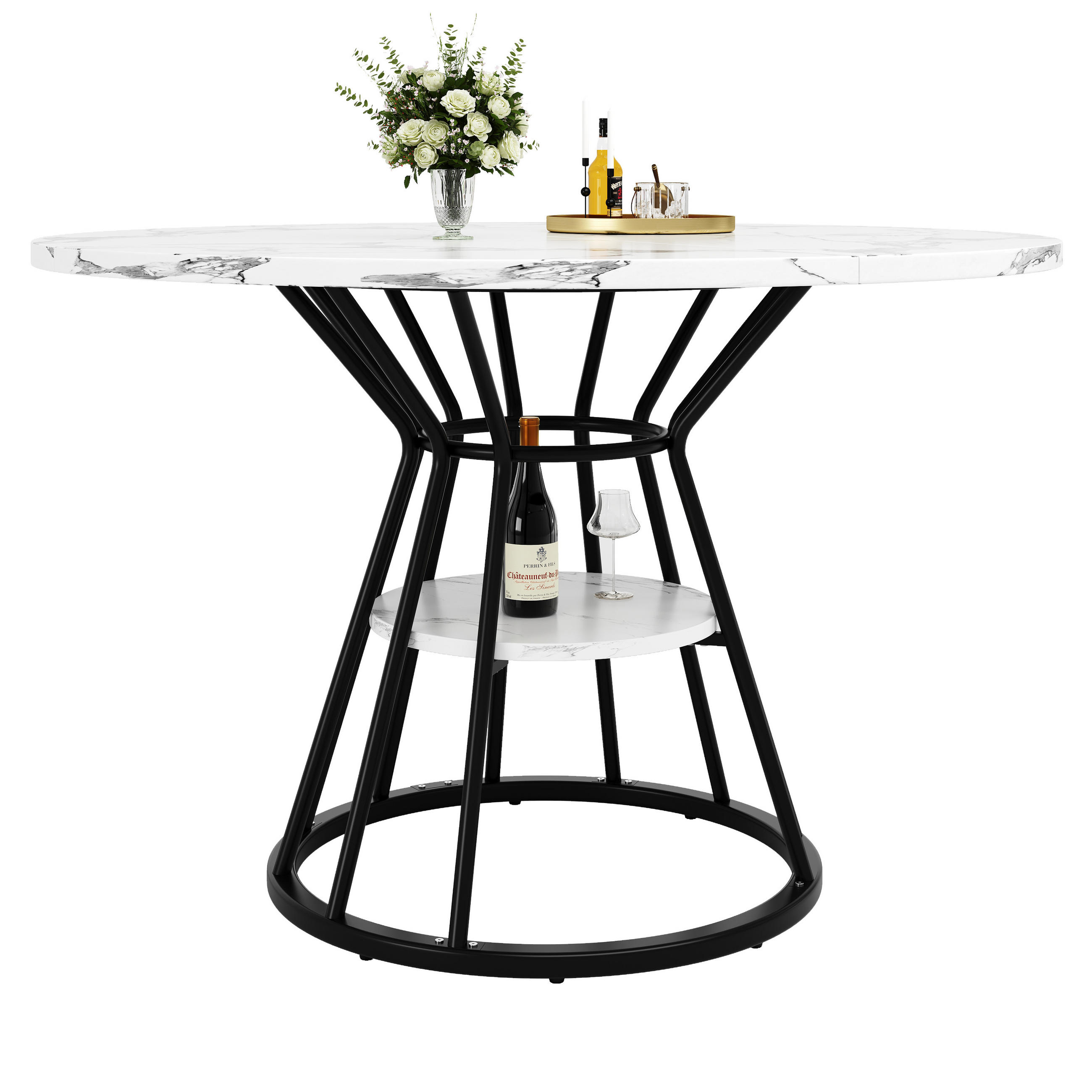 ESSTISCH 100x100x76 cm in Schwarz aus MDF mit Marmoroptik und Metallgestell mit Ablage - Schwarz, Holzwerkstoff (100/100/76cm) - Modfu