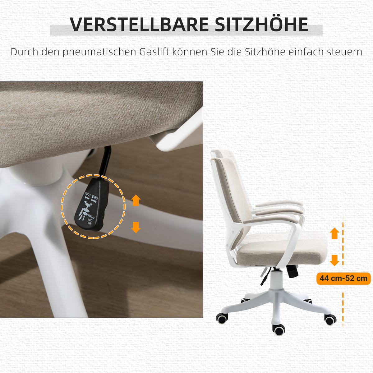 BÜROSTUHL Drehstuhl höhenverstellbarer dick gepolstert Polyester Beige+Weiß - Sandfarben, Kunststoff (69/100/62cm) - Vinsetto