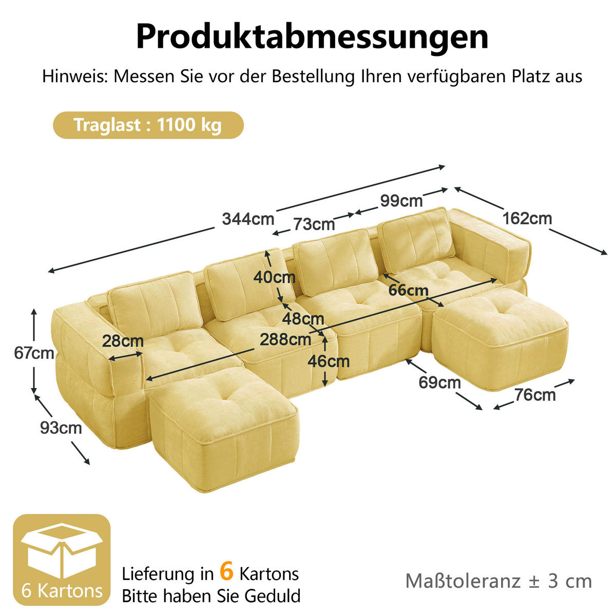 WOHNLANDSCHAFT DE-34428 4-Sitzer U-Form mit 2 Hockern Gelb - Gelb, Textil (162/67/344cm) - ComfortXL
