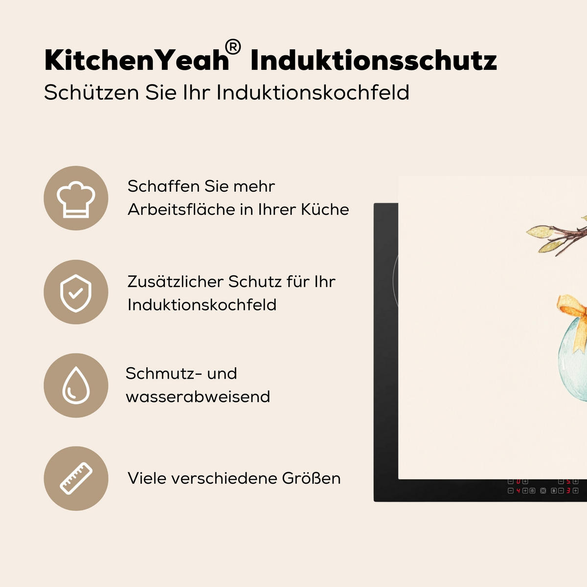 HERDABDECKPLATTE Osterkuchen - Schleife - Eier Ceranfeldabdeckung 90x52 cm - Creme, Kunststoff (90/52/0.2cm) - MuchoWow