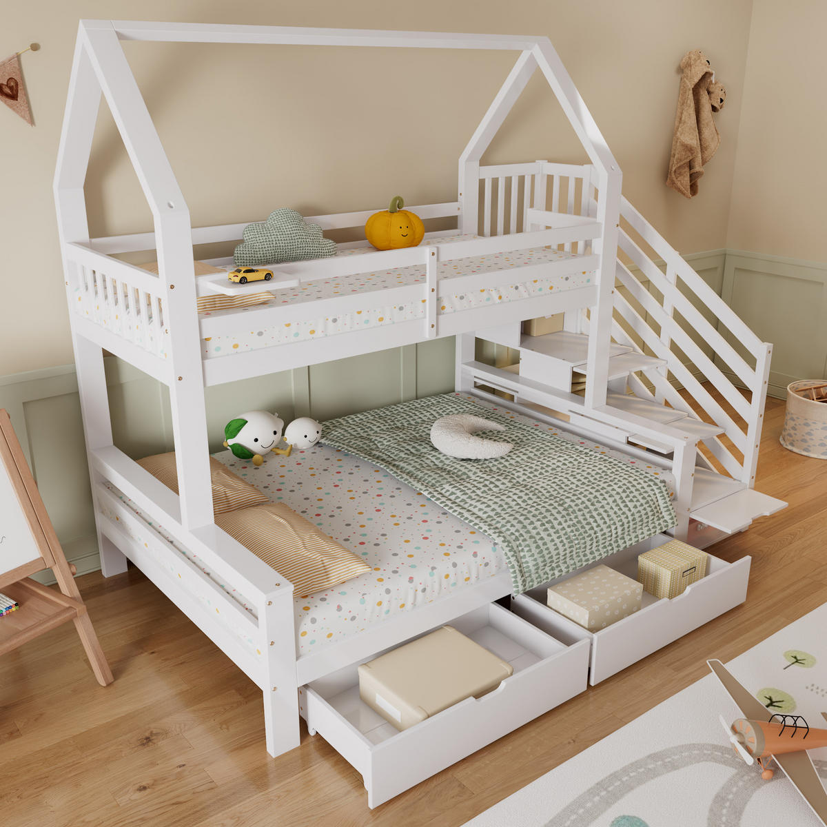 HAUSBETT 90/200 & 140/200 cm in Weiß mit Treppenschrank und Schubladen - Weiß, Holzwerkstoff (90/200cm) - BEAOK