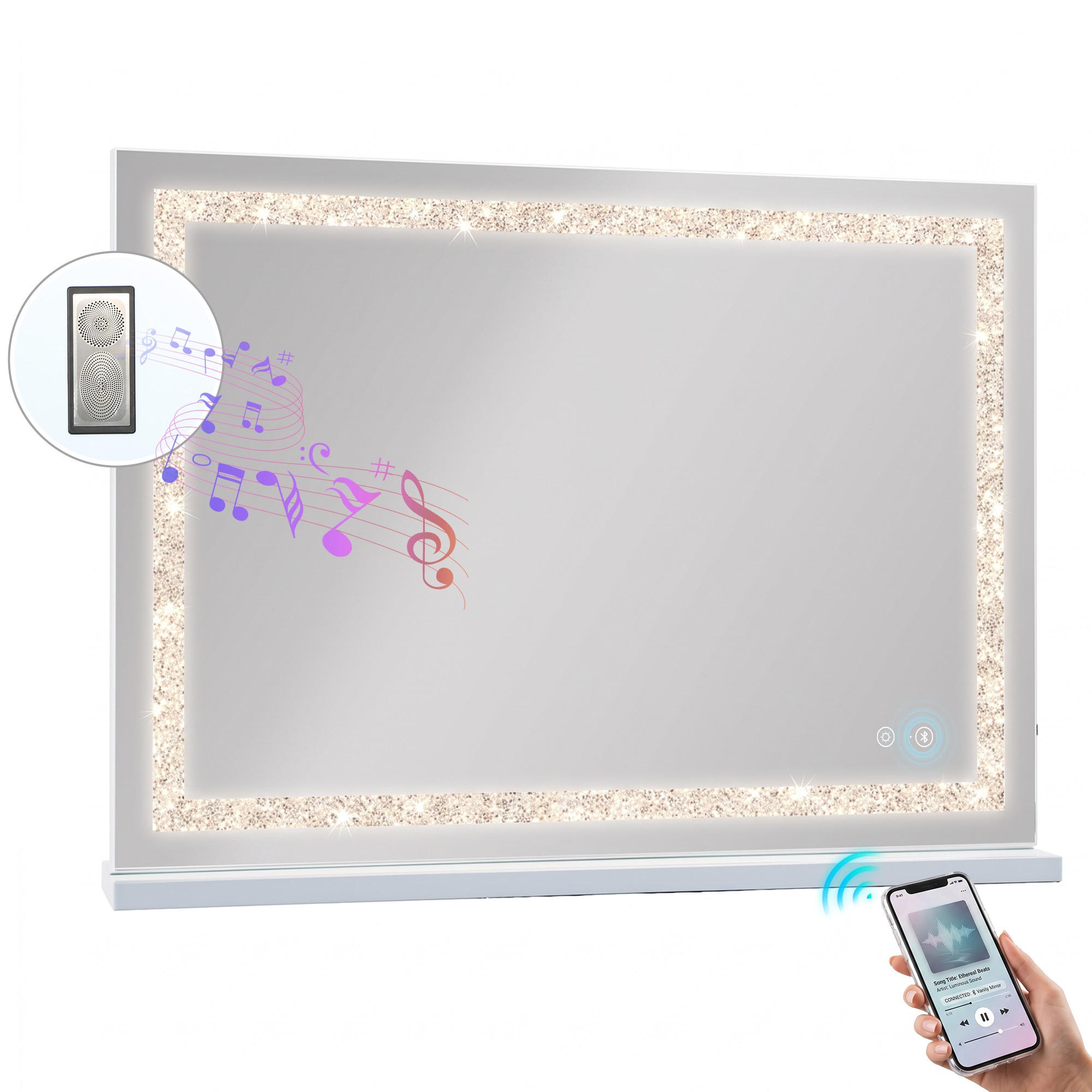 SCHMINKSPIEGEL mit Beleuchtung LED Lichtleiste gestreute Diamanten und Bluetooth weiß 80/58 cm - Weiß, Metall (80/58/3cm) - VANITII