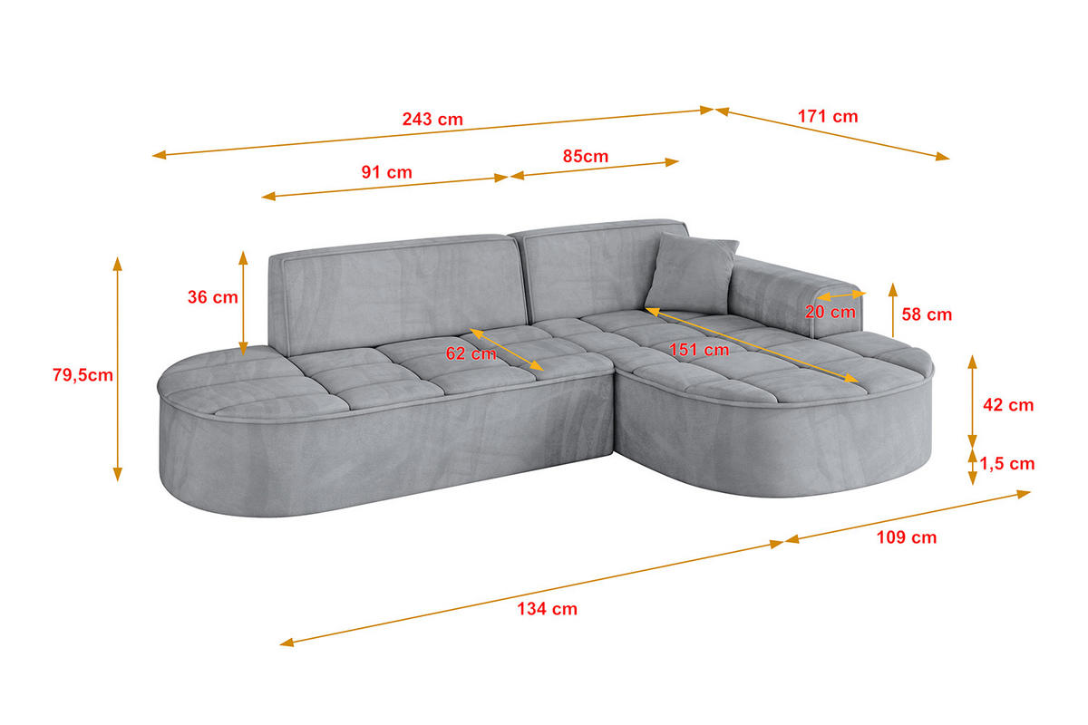 ECKSOFA Ottomane Rechts TARO-L1 - 243x171x79,5 cm Hellgrau - Grau, Holzwerkstoff/Textil (243/171cm) - ALTDECOR