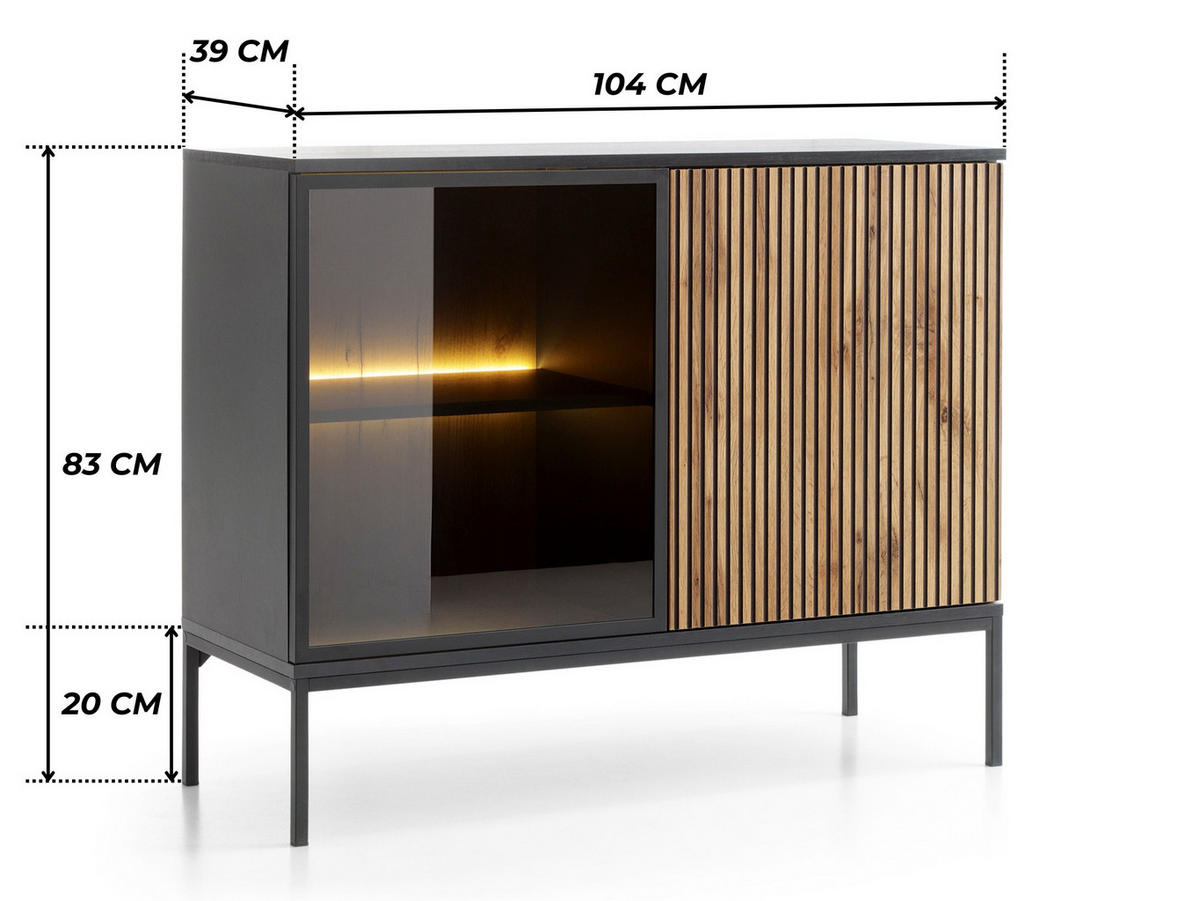 MODERNE Geriffelte Kommode LAGOS K2D (Schwarz, Eiche Wotan, LED, Metallfüße, Push to Open) - Eiche Wotan/Schwarz, Glas/Holz (104/83/39cm) - Ravio