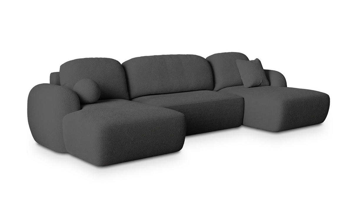 WOHNLANDSCHAFT SAVONA N Grau Boucle-Stoff mit Schlaffunktion - Grau, Holz (350/90/148cm) - MASSENO