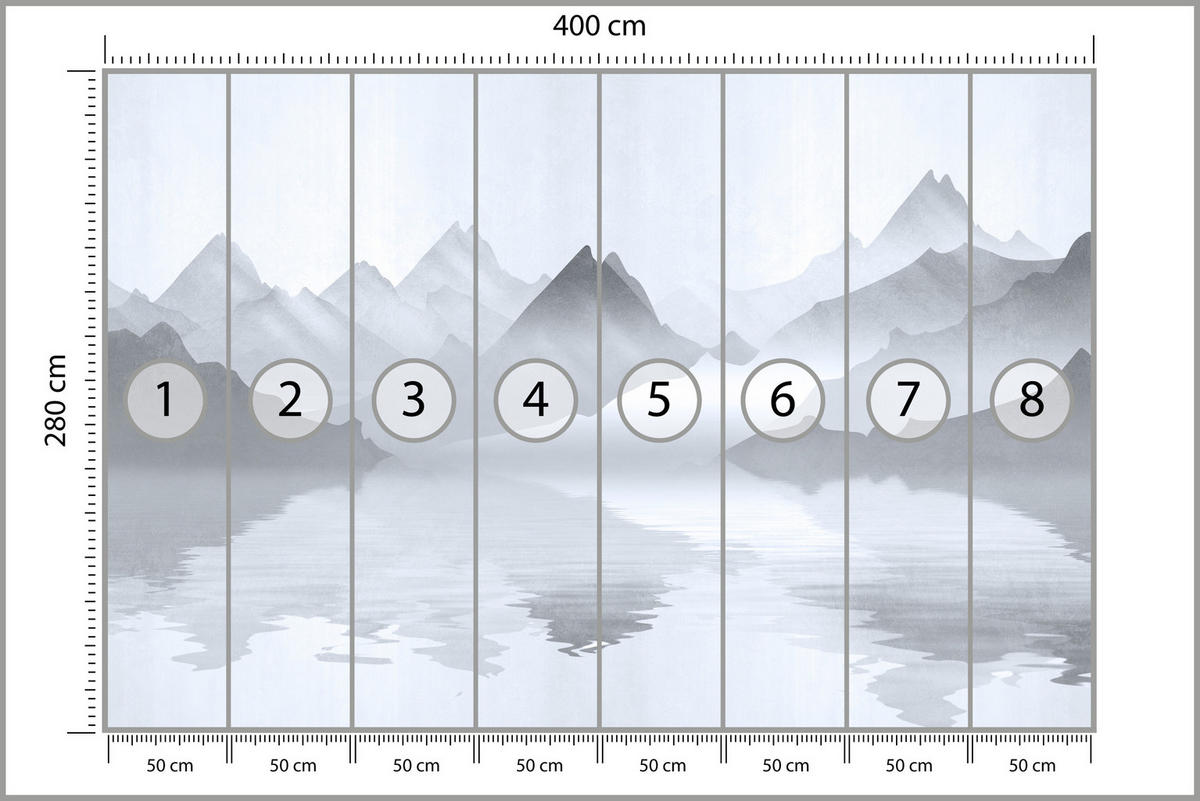 FOTOTAPETE für Wohnzimmer Aquarell Graue Berge See 400x280 - Weiß/Grau, Papier (400/280cm) - Muralo
