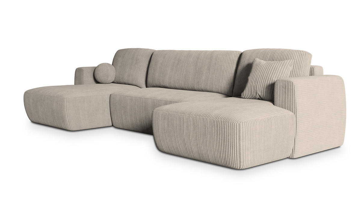 WOHNLANDSCHAFT SENTUM P Creme Kordstoff mit Schlaffunktion - Creme, Holz (330/90/148cm) - MASSENO