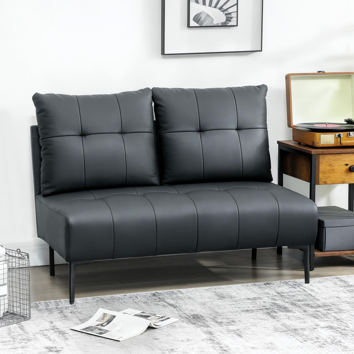 SOFA, 2-Sitzer, Kunstleder, knopfgesteppt, schwarz, 115x73x83cm - Multicolor, Holzwerkstoff (115/83/73cm) - FORIOUS