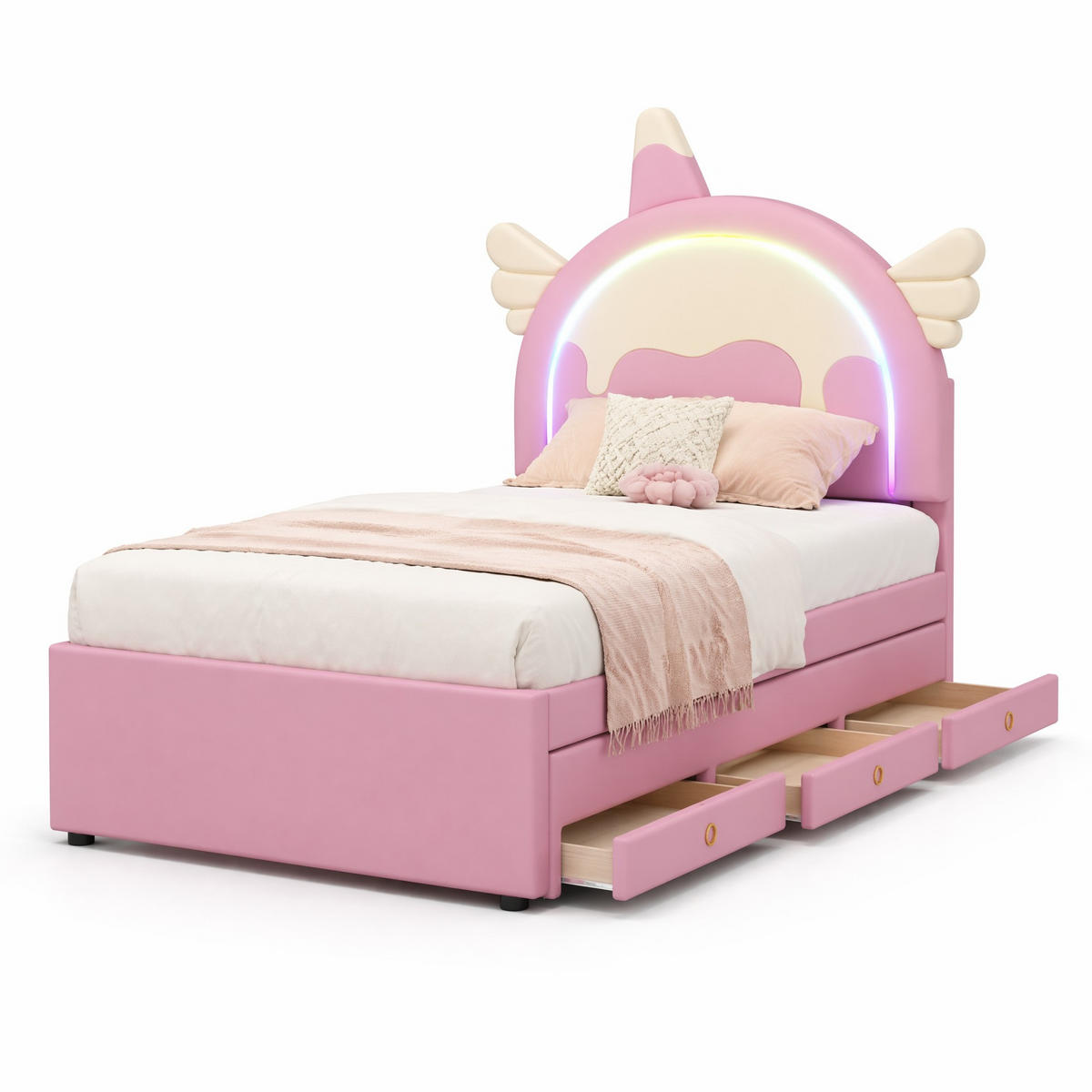 KINDERBETT Einhorn mit Ausziehbett 90x200 cm PU Pink - Pink, Holzwerkstoff (90/200cm) - Meubliv