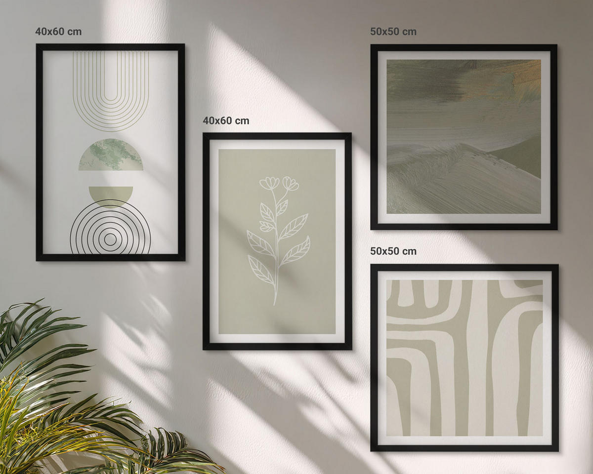 BILDER SET 4er Set - 50x50 cm & 40x60 cm Schwarzer Rahmen - Geometrische Pflanzenmuster - Schwarz, Kunststoff (50/50cm) - TULUP