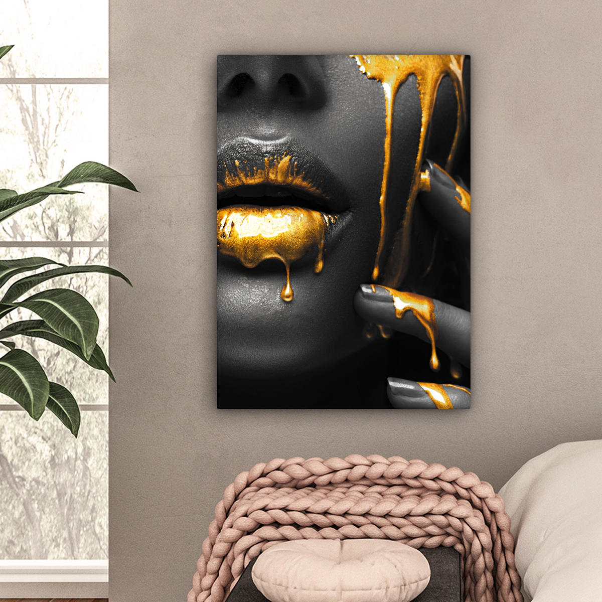 LEINWANDBILD Frau - Schwarz - Gold - Gesicht - Lippen Wandbild Wohnzimmer 60x80 cm - Goldfarben, Textil (60/80cm) - MuchoWow