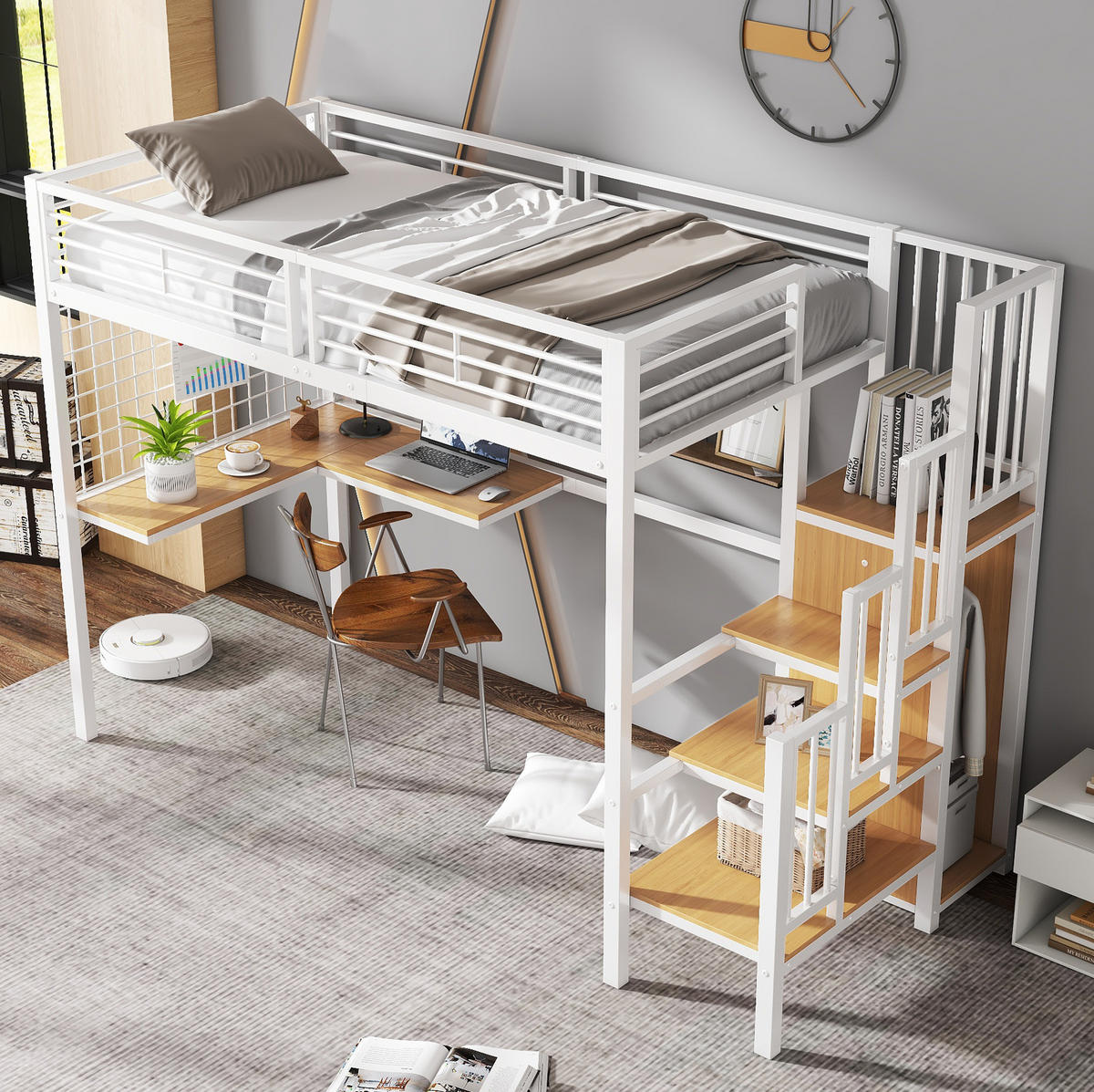 HOCHBETT 90/200 cm in Weiß/Natur mit Kleiderschrank, Tisch und seitlicher Treppe - Weiß, Holzwerkstoff (90/200cm) - Flora Grace