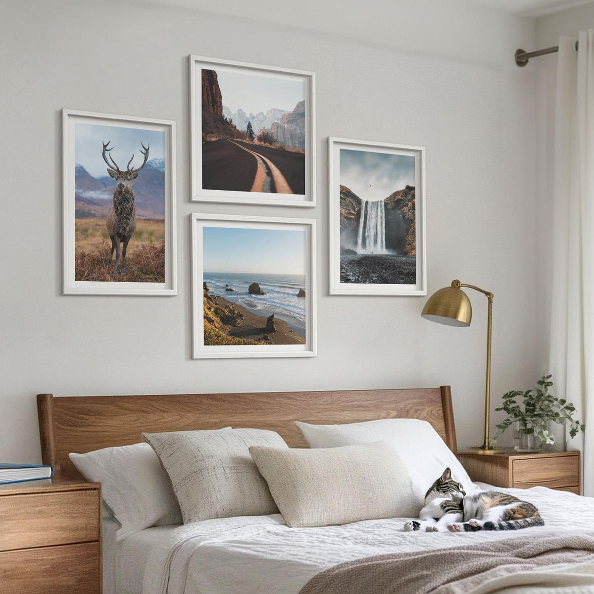 WANDBILDER 4er-Set - 50x50 cm & 40x60 cm Weißer Rahmen - Berglandschaften, Wasserfälle, Hirsche, Strände - Weiß, Kunststoff (50/50cm) - ArtPrintCave