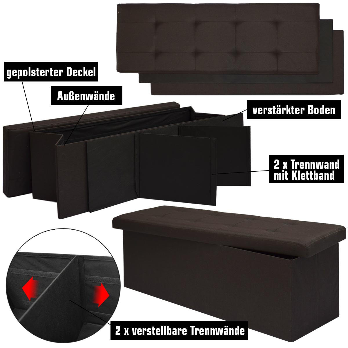 SITZBANK Faltbar, 110/38/38 cm, mit 2 Trennwänden, 120 Liter, Dunkelbraun - Braun, Kunststoff (38/38/110cm) - Dunedesign