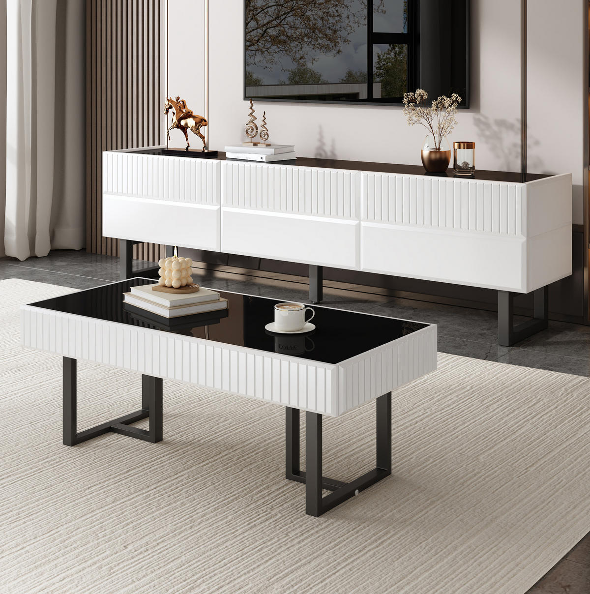 OBÝVACÍ sestava 170/35/47 a 110/50,5/41 cm černá a bílá z MDF a dřevotřísky s úložným prostorem - černá, kompozitní dřevo (170/47/35cm) - OKWISH