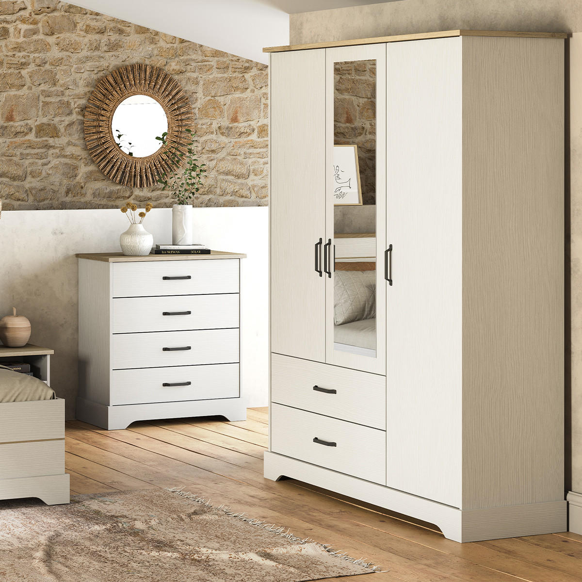 KLEIDERSCHRANK mit 3 Türen, 1 Spiegel und 2 Schubladen Cottage - H199,60 cm - Weiß, Holzwerkstoff (57.1/199.6/148.6cm) - Calicosy