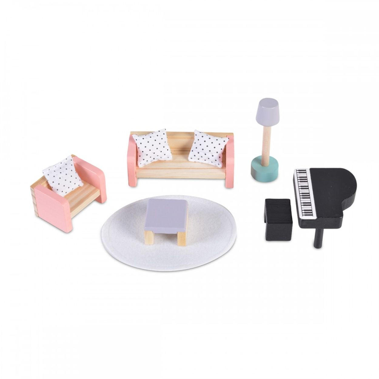 PUPPENMÖBEL Wohnzimmer 4011 bunt Holz, Wohnzimmer-Set, Klavier, Sofa, Sessel, Lampe, Tisch, Teppich - Multicolor, Holz (6/5/12cm) - Moni