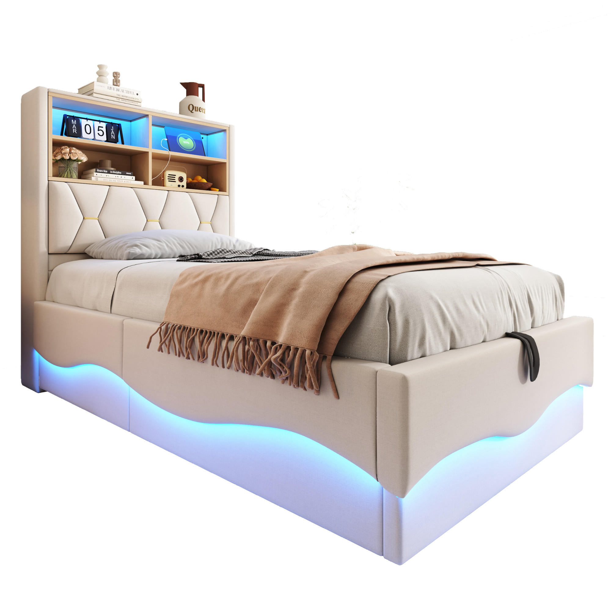 DĚTSKÁ POSTEL 90x200 Béžový Len LED Úložná - béžová, kov (90/200cm) - FLIEKS