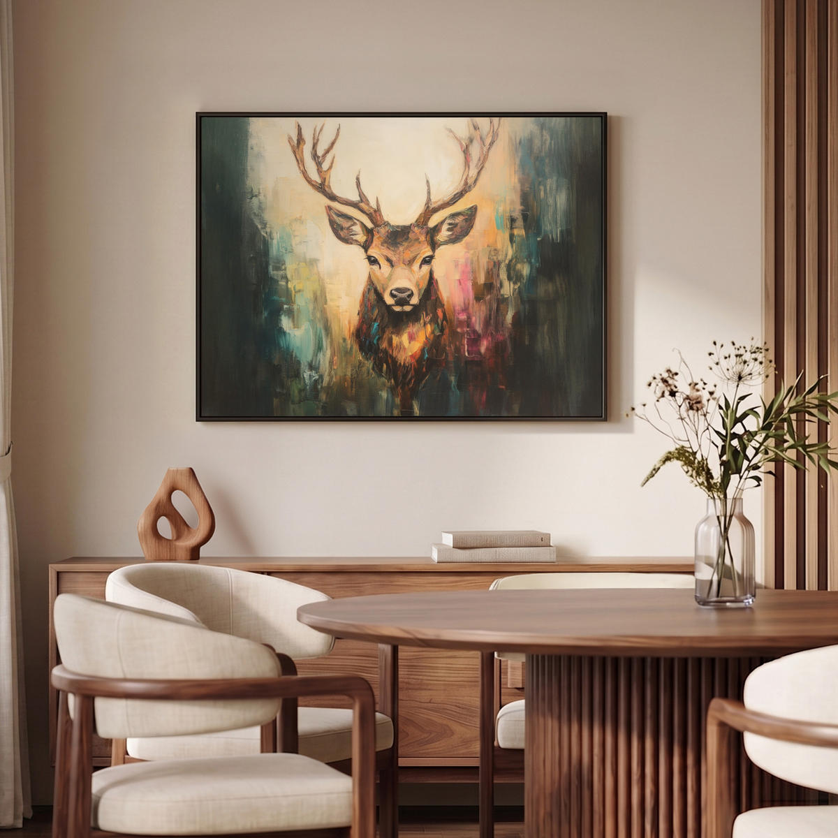 LEINWAND Bilder mit Rahmen - Hirsch - Gemalt - Geweih - Braun - 100x70 - Haselnussfarben, Textil (100/70cm) - MuchoWow