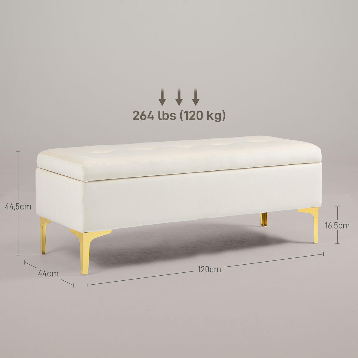 SITZBANK mit Stauraum, Polsterbank mit Samtoptik, Metallbeine, für Wohnzimmer - Beige/Goldfarben, Kunststoff/Textil (44/44.5/120cm) - HOMCOM