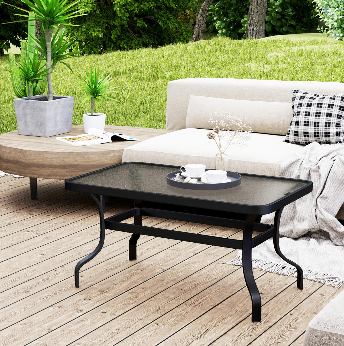 GARTENTISCH aus Metall 95x55x46 cm Schwarz mit Hartglasplatte - Naturfarben, Metall (95/55/46cm) - Modfu
