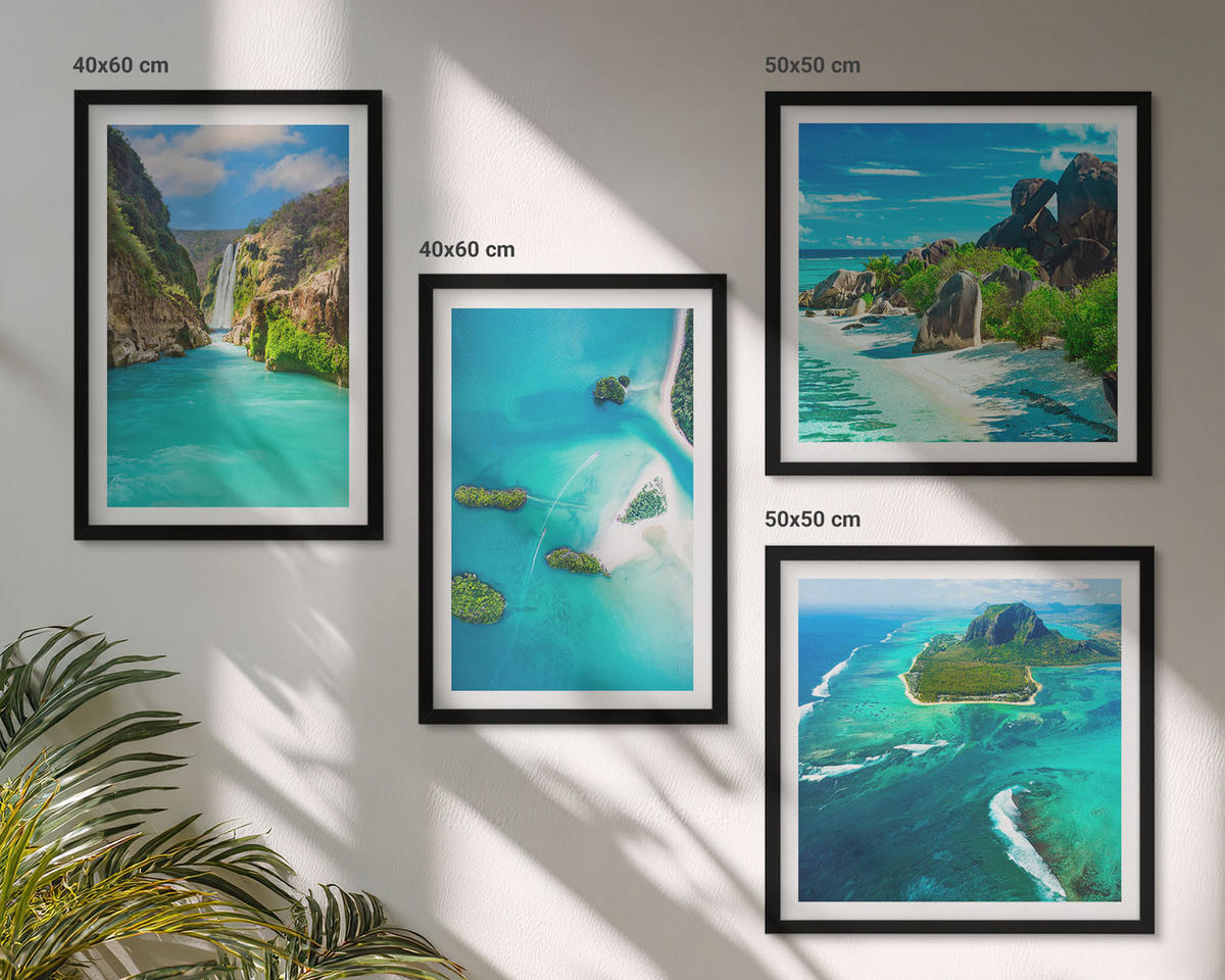 WANDBILDER 4er-Set - 50x50 cm & 40x60 cm Schwarzer Rahmen - Tropische türkisfarbene Inseln - Schwarz, Kunststoff (50/50cm) - ArtPrintCave