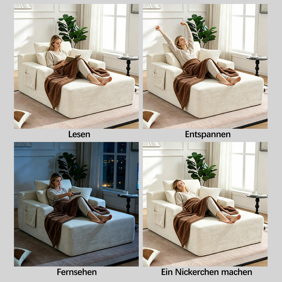 SCHLAFSOFA aus Cord mit Seitentaschen und weichen Sitzkissen - Beige, Textil (110/150/70cm) - EVRYAE