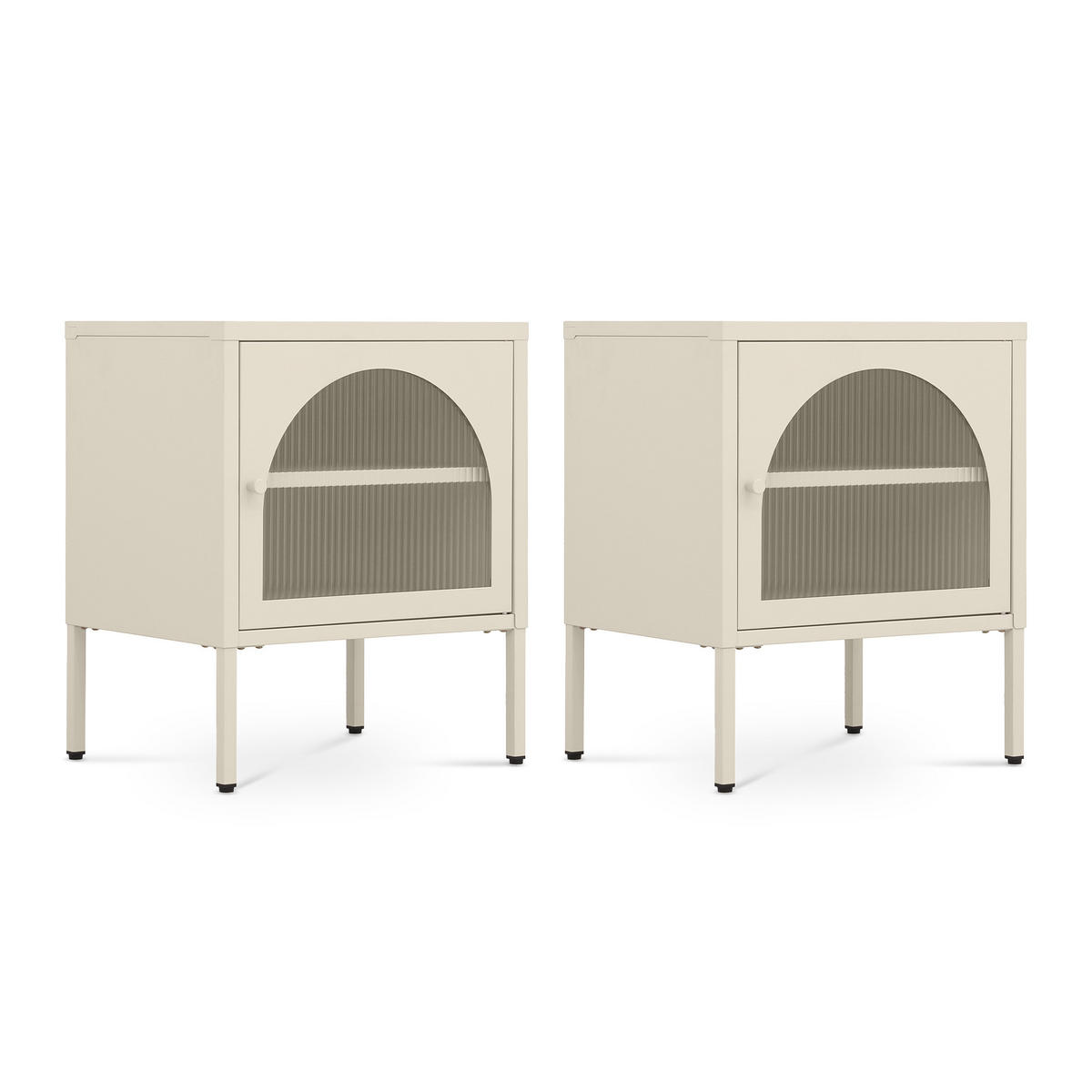 NACHTTISCHE 2er-Set Industrial-Design aus Metall mit 1 Tür aus geriffeltem Glas, Beige - ELIN - Beige, Metall (50/60/40cm) - Sicaan
