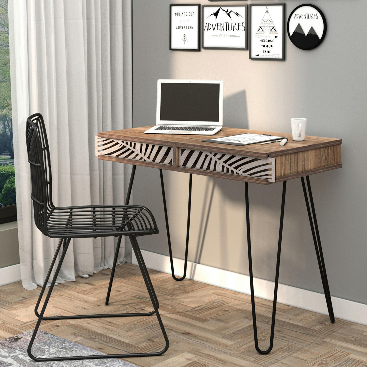 SCHREIBTISCH Tinn - Walnussfarben/Schwarz, Holzwerkstoff/Metall (50/94/73cm) - [en.casa]