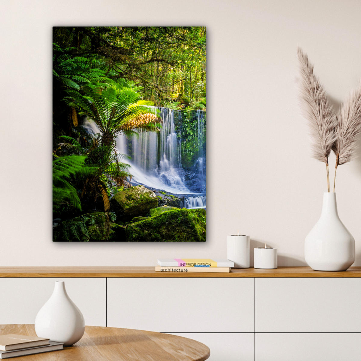 LEINWANDBILD Dschungel - Wasserfall - Australien - Pflanzen - Natur Wandbild Wohnzimmer 60x80 cm - Dunkelgrün, Textil (60/80cm) - MuchoWow