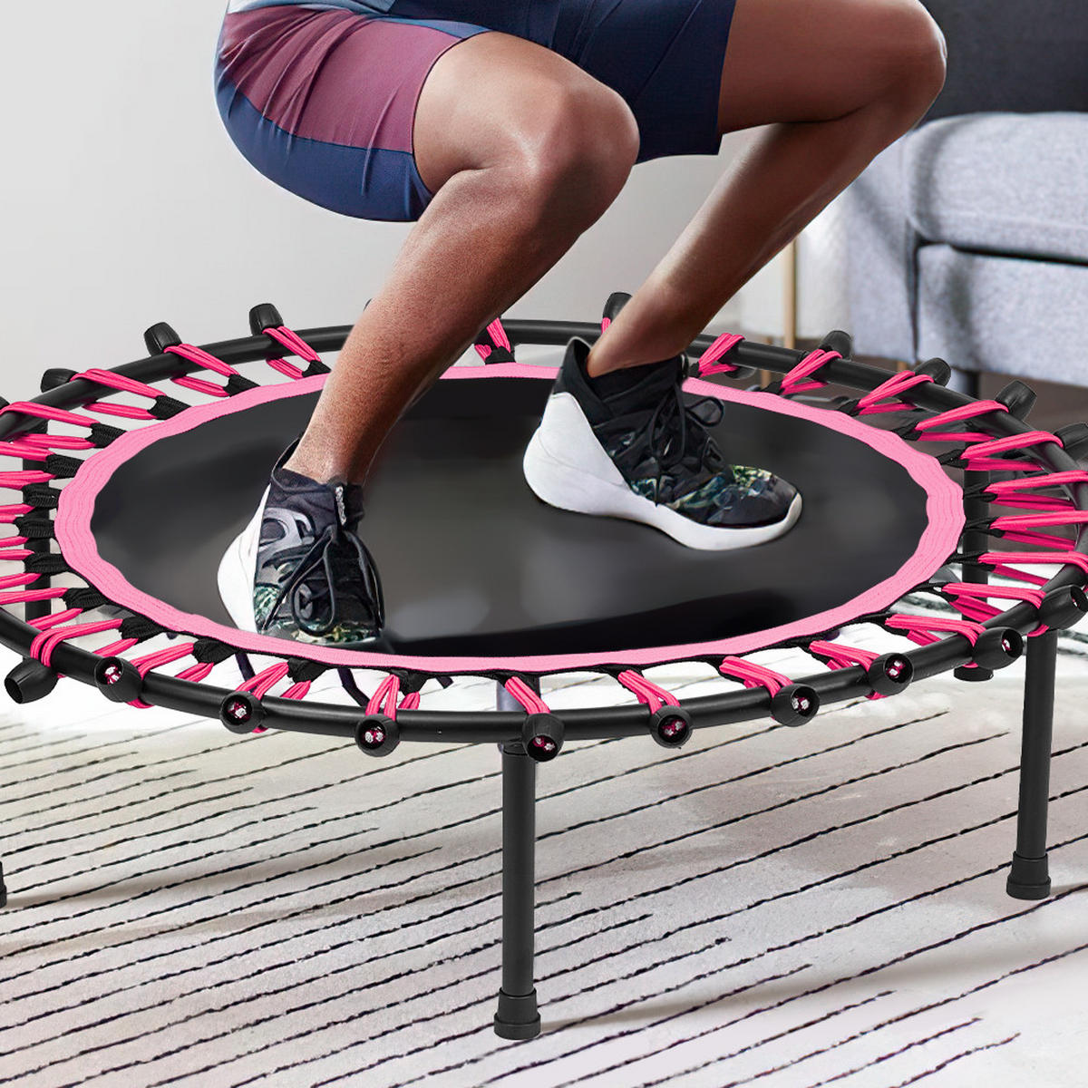 40-ZOLL-RUNDTRAMPOLIN mit Gummiseilen aus Stahl, Oxford-Gewebe, Gummiseile in Schwarz Rosa Langlebig und sicher Stabil und leise 25 x 101 x 101cm - Pink, Metall (101/101cm) - Livingandhome
