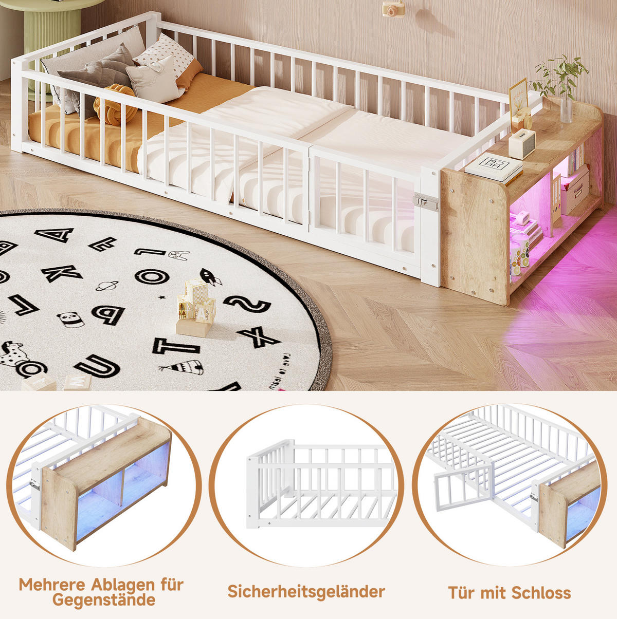 KINDERBETT 90/200 cm in Weiß mit Schutzgeländer, LED-Beleuchtung und Staufach - Weiß, Holzwerkstoff (90/200cm) - BEAOK