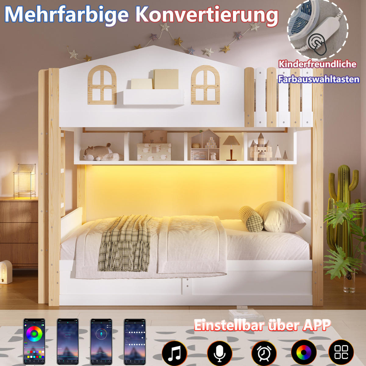 ETAGENBETT 90x200 cm im Hausdesign in Weiß/Natur mit LED-Beleuchtung und Stauraum - Weiß, Holzwerkstoff (90/200cm) - IVMEU