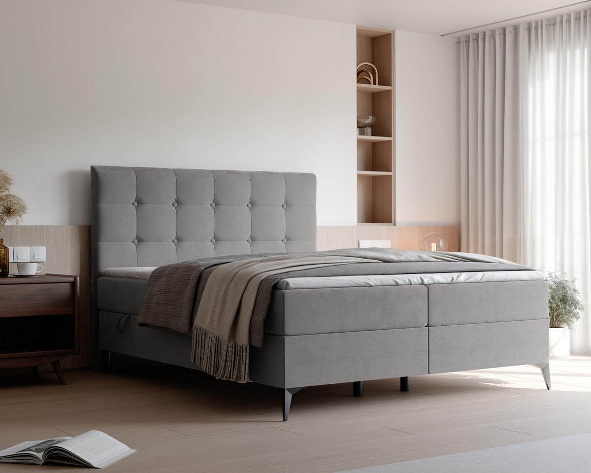 BOXBETT BAILEY 180/200 cm mit Matratze und Topper, Grau - Grau, Holzwerkstoff/Textil (180/200cm) - Idohome