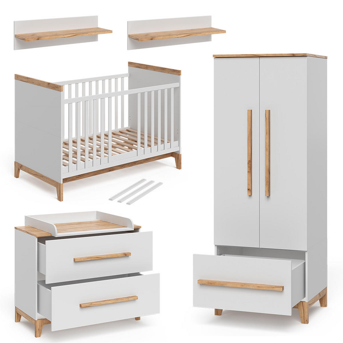 SADA PRO DĚTSKÝ POKOJ Malia Bílá/dub Sada 4 kusů - bílá/barva dubu, kompozitní dřevo (70/187/50cm) - VitaliSpa
